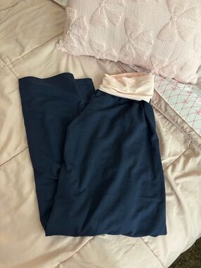 low rise fold over blue flare pants